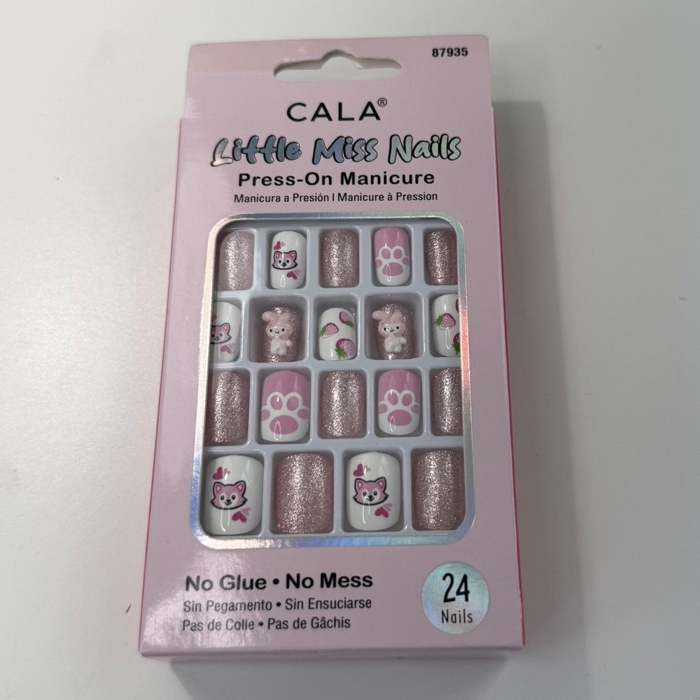 Cala Little Miss Nails Press-On Manicure 24ct Pink Glitter Cat Paw Prints 87935